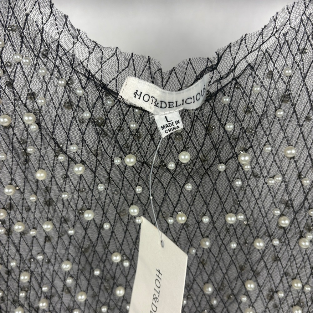 Hot & Delicious Black Mesh Pearl Rhinestone Tank Top HGT1057 Large NWT - Picture 2 of 10